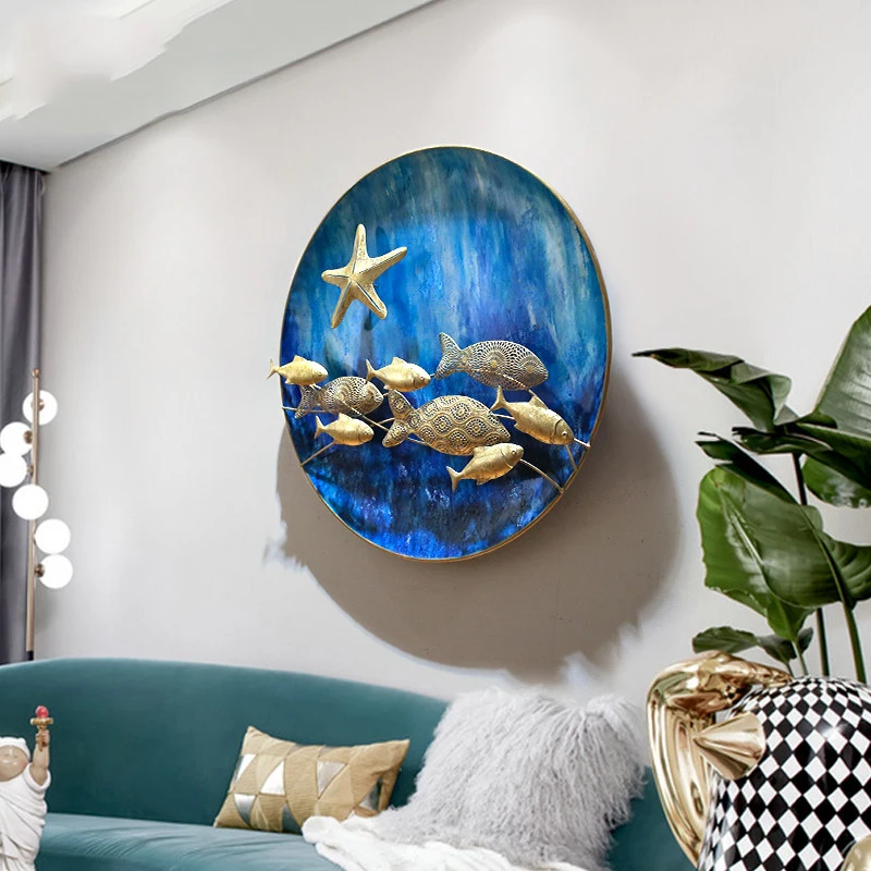 

Европейская кованая железная 3D настенная подвеска «Морская рыба», художественное искусство, домашняя гостиная, круглая настенная наклейка, ремесла, настенные фрески для отеля, украшение