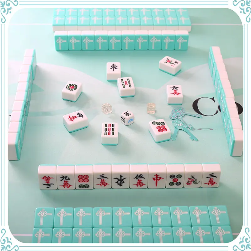 

30mm Blue-green Mahjong Table Game 144pcs Hand Rubbing Crystal Mahjong Tiles Home Dormitory Travel Medium Mahjong Play Game