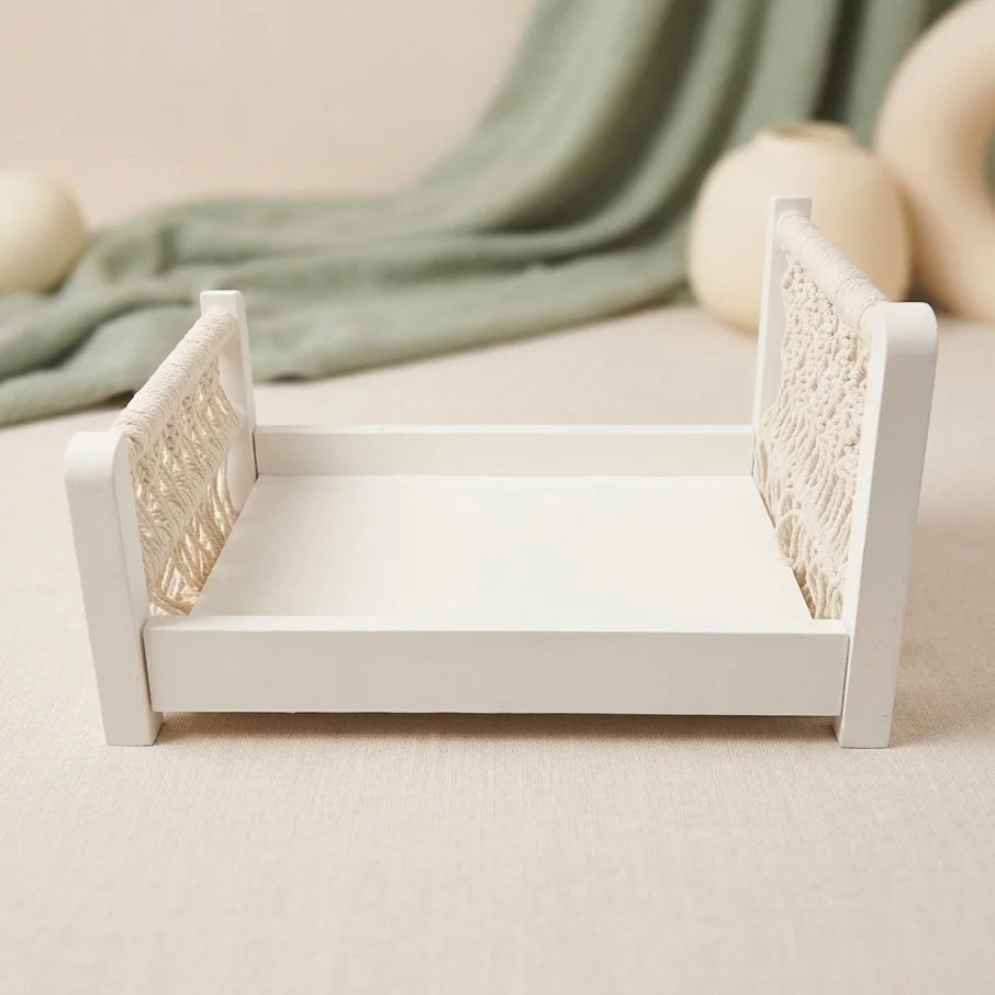 Accessori per Fotografia Neonati, Mini Letto in Legno, Arredamento per Servizi Fotografici, Letto Staccabile in Corda Intrecciata Stile Boho per Studio - immagine 5