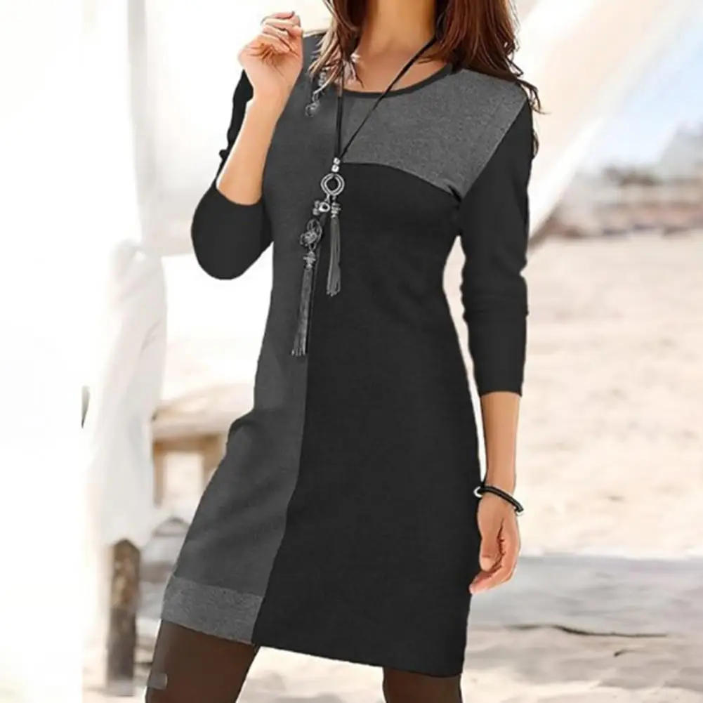

Women Loose Fit Clothing Geometric Round Neck Long Sleeve Dress for Women Soft Pullover Mini Dress with Color Matching Above