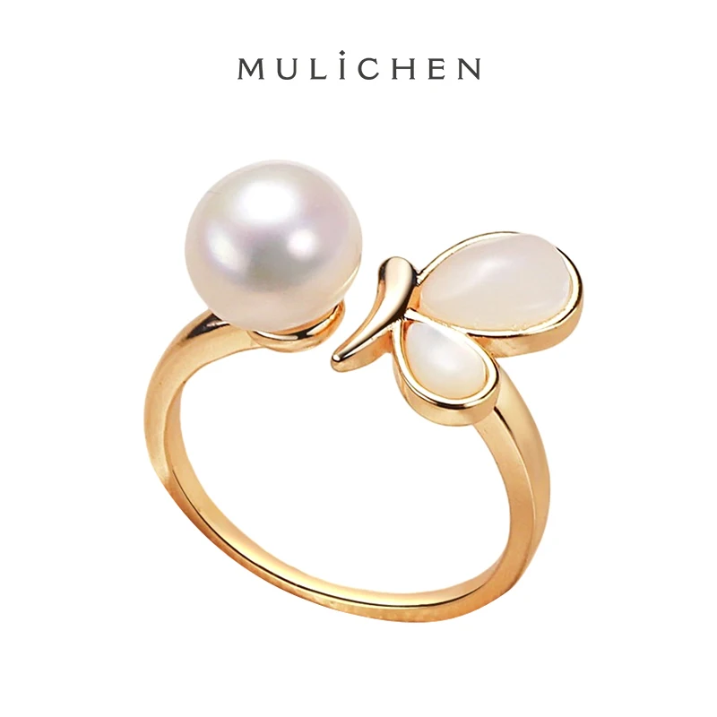 MULICHEN Freshwater Pearl Butterfly Ring Fashion Birthday Gift Seawater Fritillaria Accessory Inlaid Jewelry Open Ring