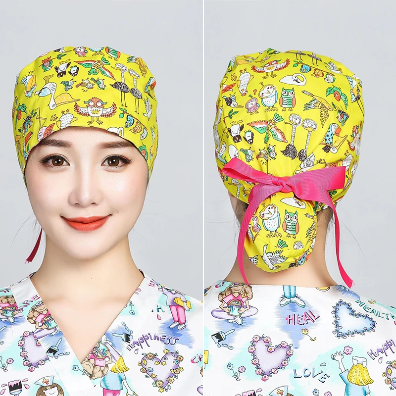 

Printed Scrub Caps Surgical Cotton Hat With Button Women Adjustable Lace-Up Beauty Pet Shop Chef Hats Nurse Uniform Accessories