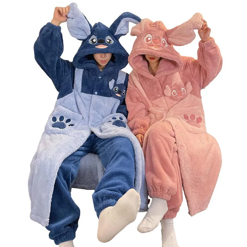 

Kawaii Cute Cartoon Stitch Couple Plush Pajamas Set Girly Heart Thickened Warm Outerwear Home Pajamas Pajamas Two-Piece Set