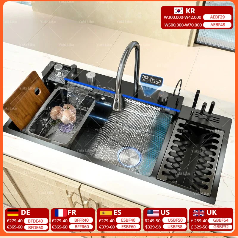 ใหม่สแตนเลสน้ําตกอ่างล้างจานพร้อมDraining Rackนูนขนาดใหญ่พิเศษSingle Slotดิจิตอลจอแสดงผลล้างจานอ่างล้างจาน 1