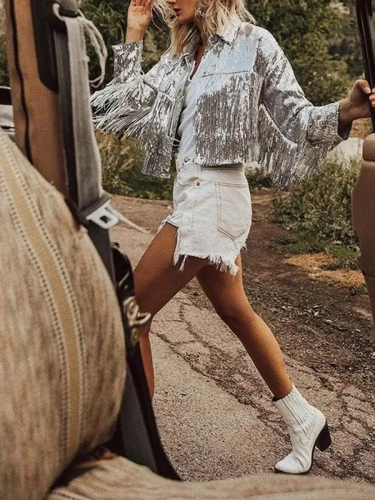 

Куртка с бахромой и блестками, Осень-зима 2023, уличная одежда, рок-бойфренд, ретро, серебристое светоотражающее пальто с длинными рукавами, женская верхняя одежда, топы