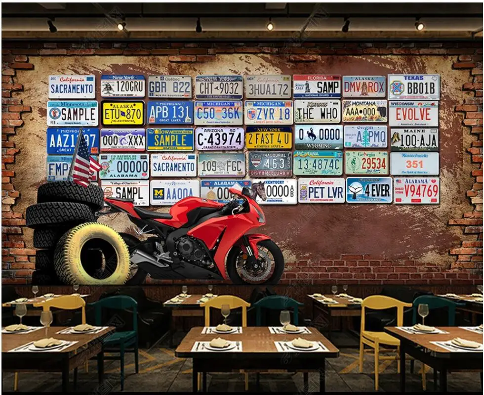 

3d photo wallpapers customised mural European and American retro brick wall license plate motorcycle wallpaper for walls 3d