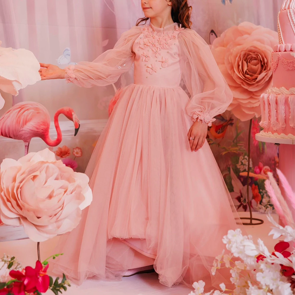 Long sleeves Floral Applique A-line Flower Girl Dress Fuchsia