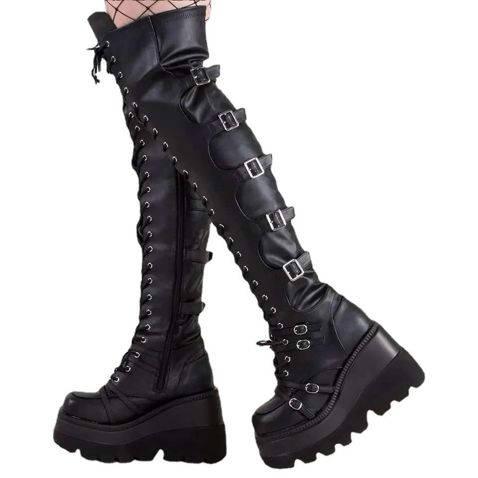 Punk Gothic Thigh High Platform Wedge Boots for Women - true deals club
