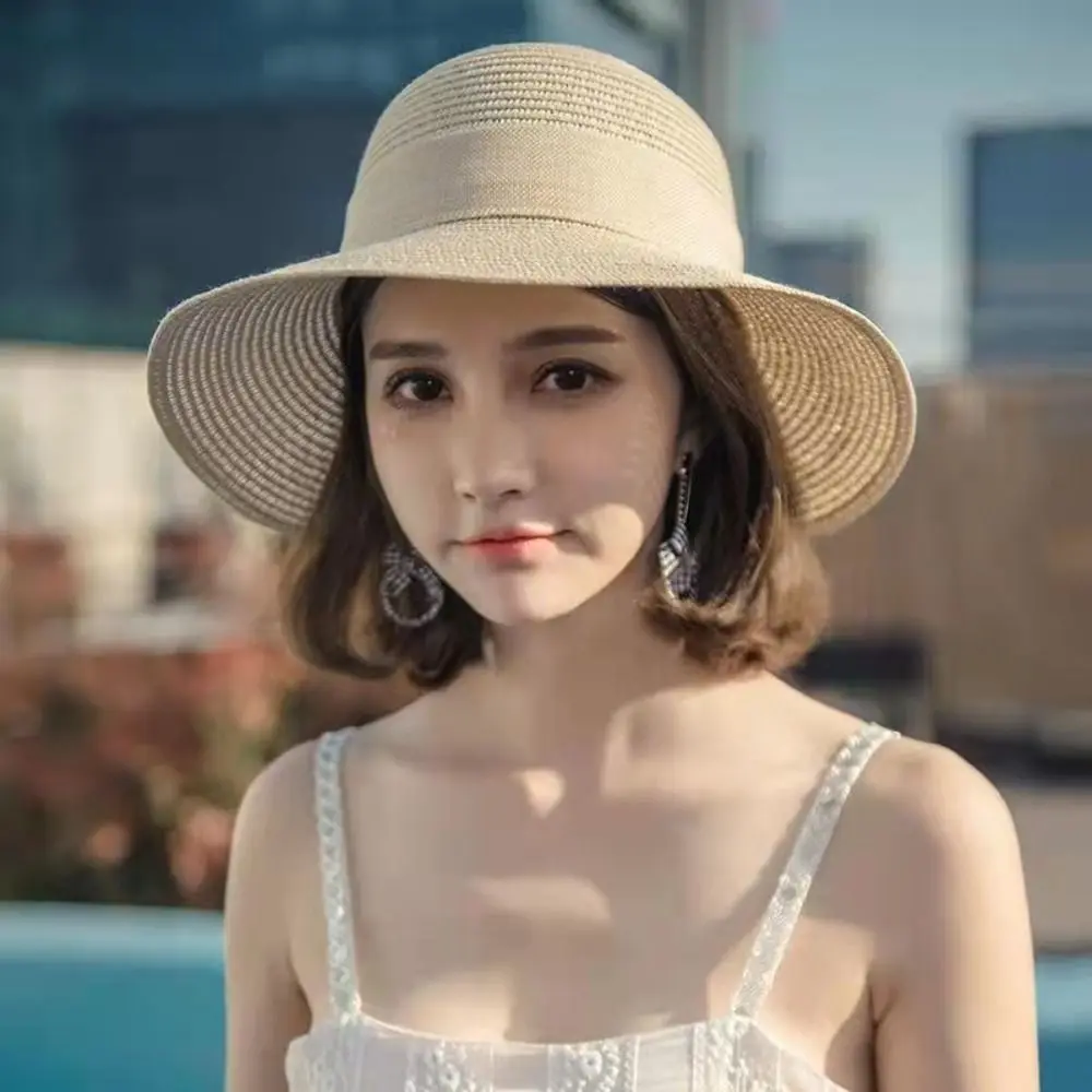 여성용 캐주얼 태양 모자, 접이식 나비넥타이 어부 모자, 활 리본 빨대 모자, 여행 해변 모자, 여름 신상