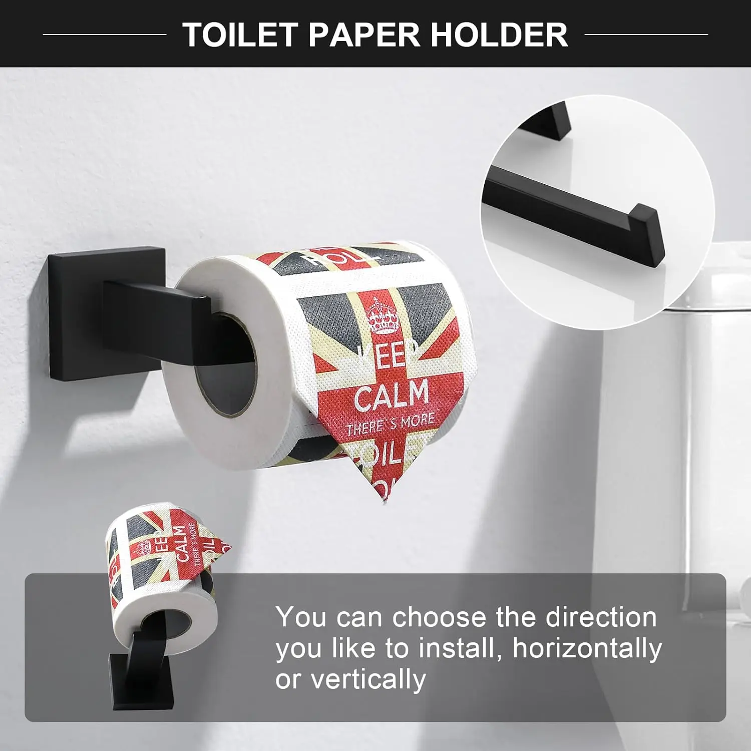 6-Piece Bathroom Set: Matte Black 23.6" Towel Bar, Towel Ring, Coat Hook, Toilet Paper Holder. Stainless Steel. Wall-Mounted.