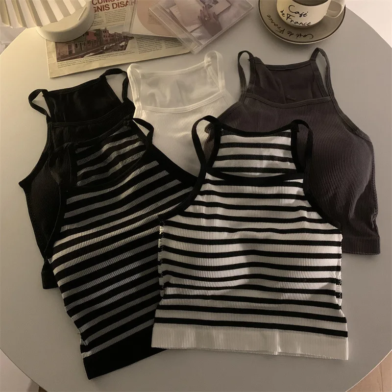

Korean Women Tank Tops Nylon Sports Bras Thread Solid Crop Top With Chest Pad Stripe Sleeveless Outer Wear Basic Camisole