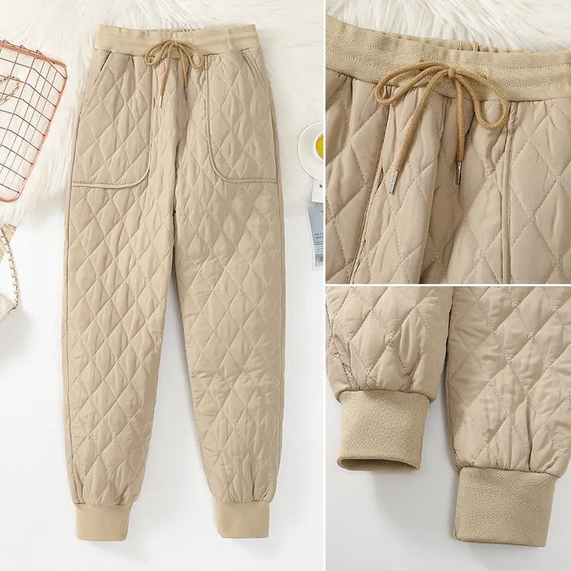 Women's Elastic Drawstring Thick Warm Autumn and Winter High Waist Solid Color Pockets Loose Fashion Casual Harlan Cotton Pants