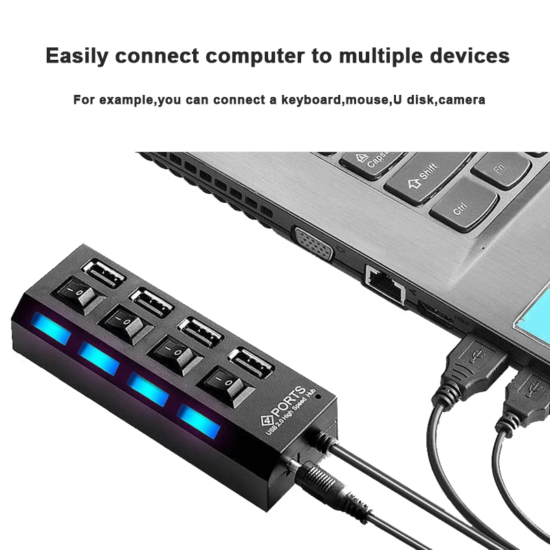 USB 2.0 Hub Multi USB Splitter Ports Hub Use Power Adapter 4/ 7 Port Multiple Expander Hub with Switch 45CM Cable For Home 4