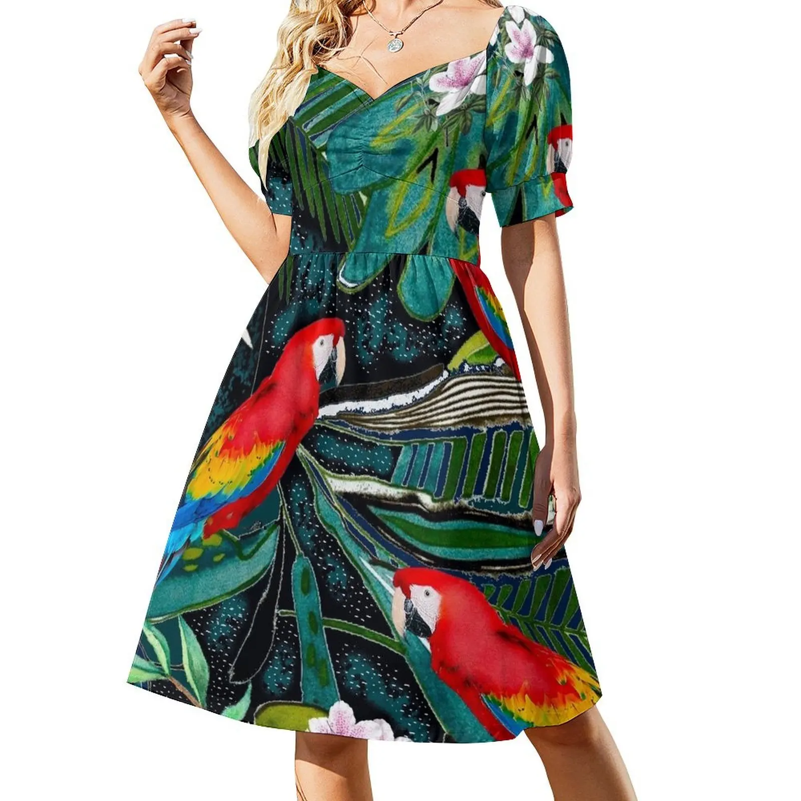 thumbnail image 1 of Vestido de manga corta con estampado de loros tropicales, vestidos de noche para mujer, ropa de mujer, novedades, vestido de fiesta., 1 of 7