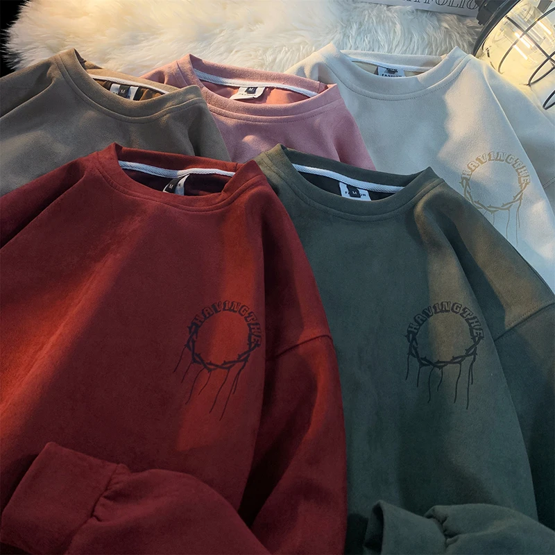 

Oversized Fashion Suede Pullovers Sweater Men Baggy Street Graphic Printed O-neck Hip Hop Tops Male Sports Shirt