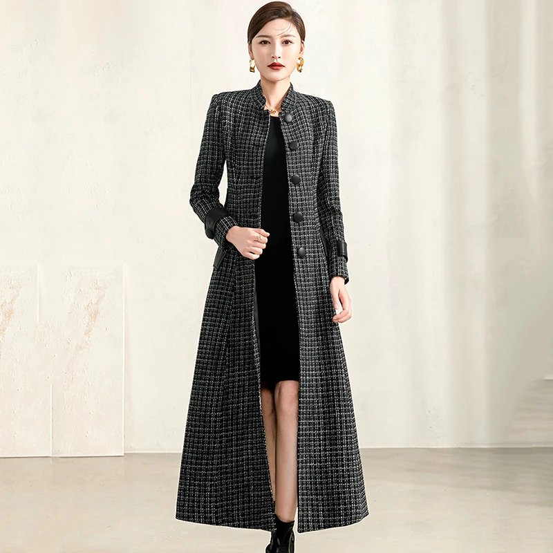 

Pop Women Black Houndstooth Woolen Coat Spring Autumn Fashion Hepburn Style Stand Collar Slim Long Plaid Wool Blends Overcoat