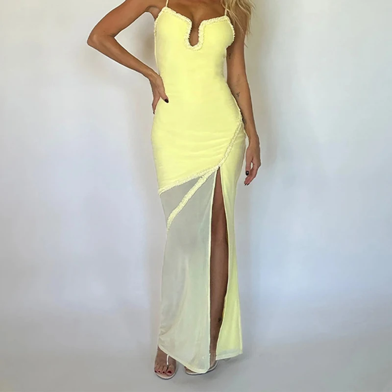 

Sexy Low-cut Slim Fit Bodycon Long Dress Women 2024 Spring Hollow Patchwork Mesh Split Party Dress Summer Spaghetti Straps Dress