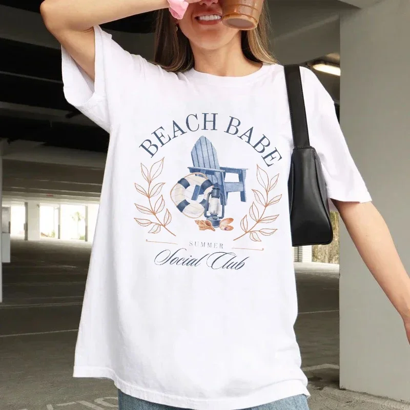 

Short Sleeved Top Cartoon Beach Babe Social Club Printed Women's Cute and Trendy Fun Pattern T-Shirt Printed Basic O-Neck T-Shir