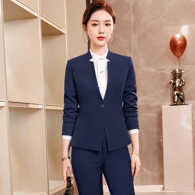 Blazer azul marino para mujer, traje de negocios, conjunto de pantalón y  chaqueta, estilo uniforme de trabajo y oficina, 2023 - AliExpress