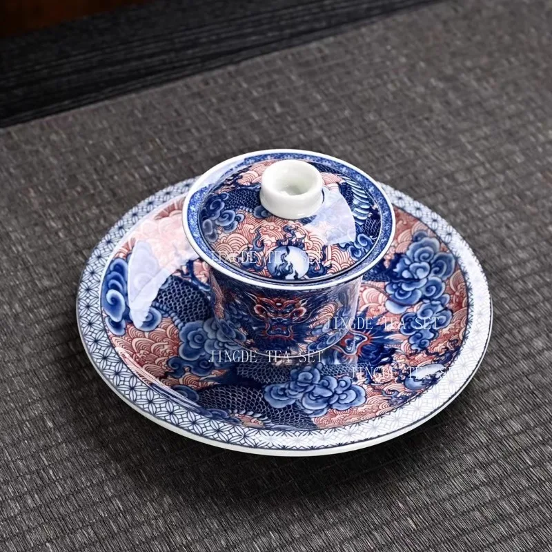 160ml Jingdezhen Ceramic Blue and White Dragon Pattern Bowl Cover Chinese Household Three Piece Tea Bowl Set Hoverable Lid Bowl