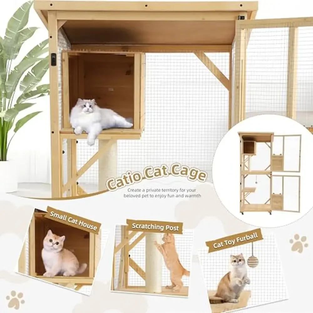 Outdoor Cat Playpen with Cat Condo Scratching Post Plush Ball Large Enclosure Fun and Safety