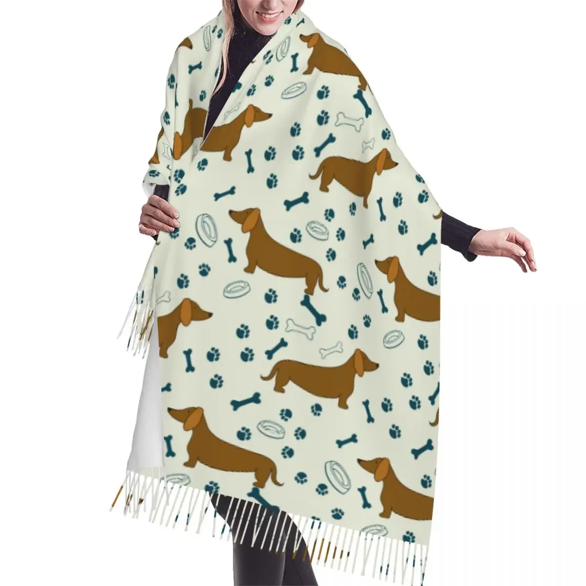 

Autumn Winter Warm Scarves Cartoon Dog Dachshunds Pattern Fashion Shawl Tassel Scarves Wrap Neck Headband Hijabs Stole