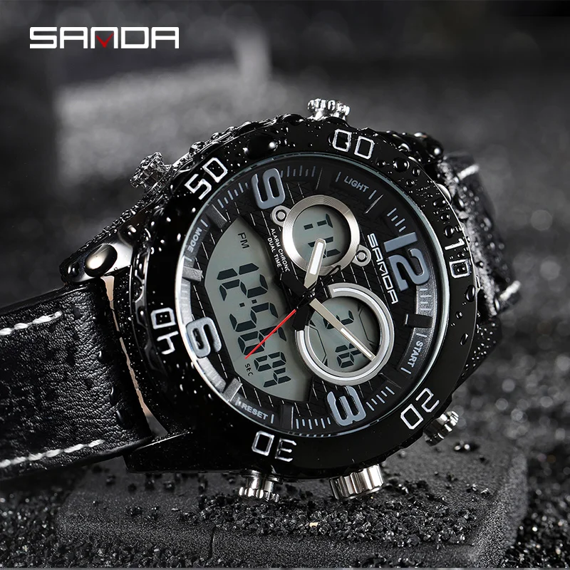 SANDA Watch Luxury Mens Multifunctional Dual Display Watches Sports Chronograph Luminous Alarm Clock Military Watch For Men 772