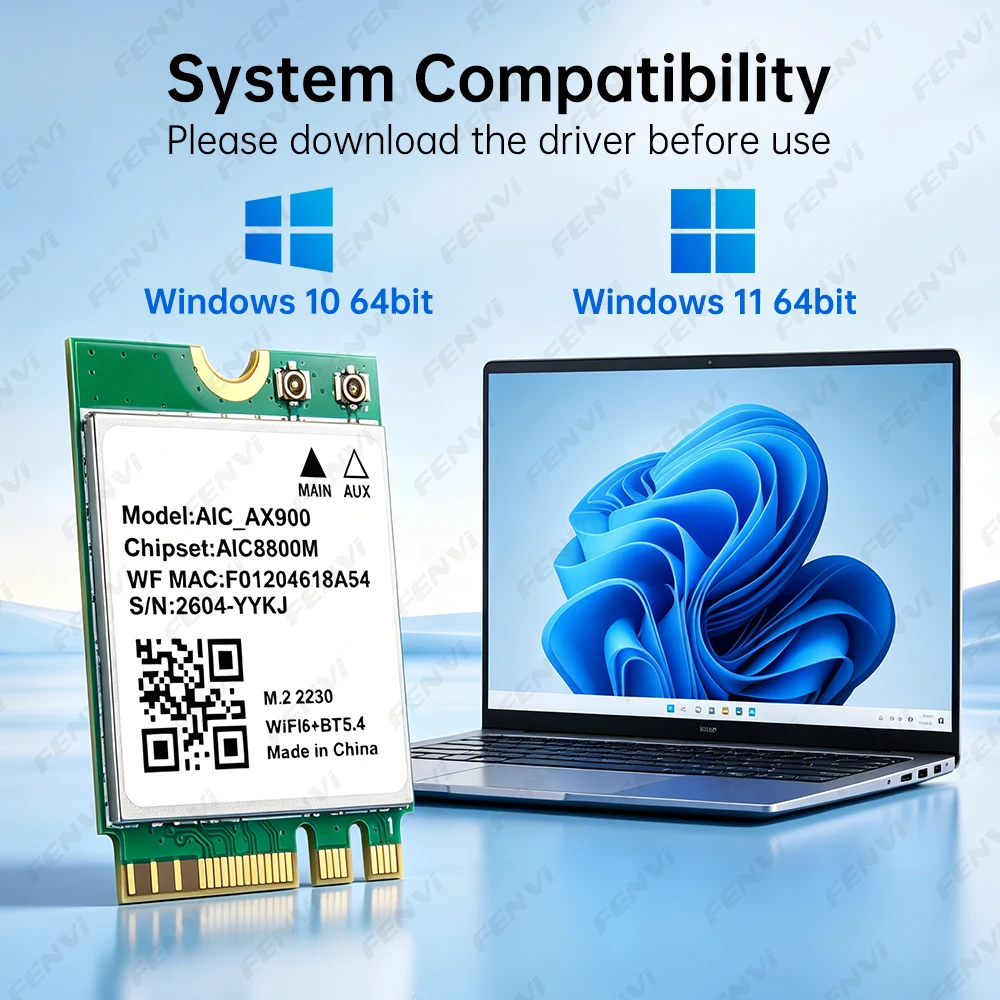 fenvi WiFi 6 블루투스 5.4 M.2 네트워크 카드 AX900 듀얼 밴드 2.4G&5GHz 무선 어댑터(노트북 PC용) Win 10/11