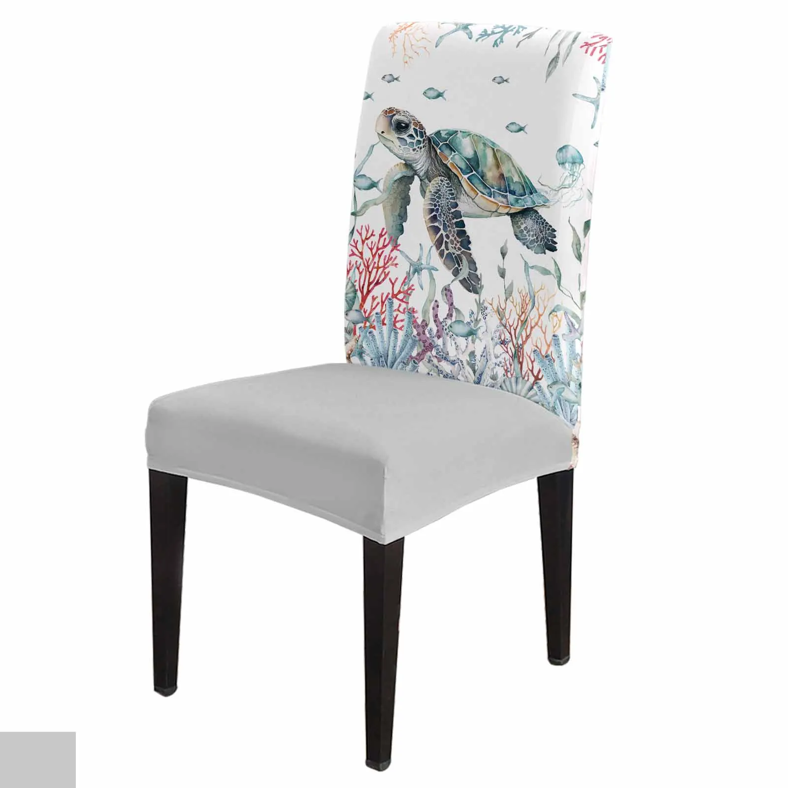 

Summer Sea Life Coral Sea Turtle Dining Chair Covers Spandex Stretch Seat Cover for Wedding Kitchen Banquet Party Seat Case