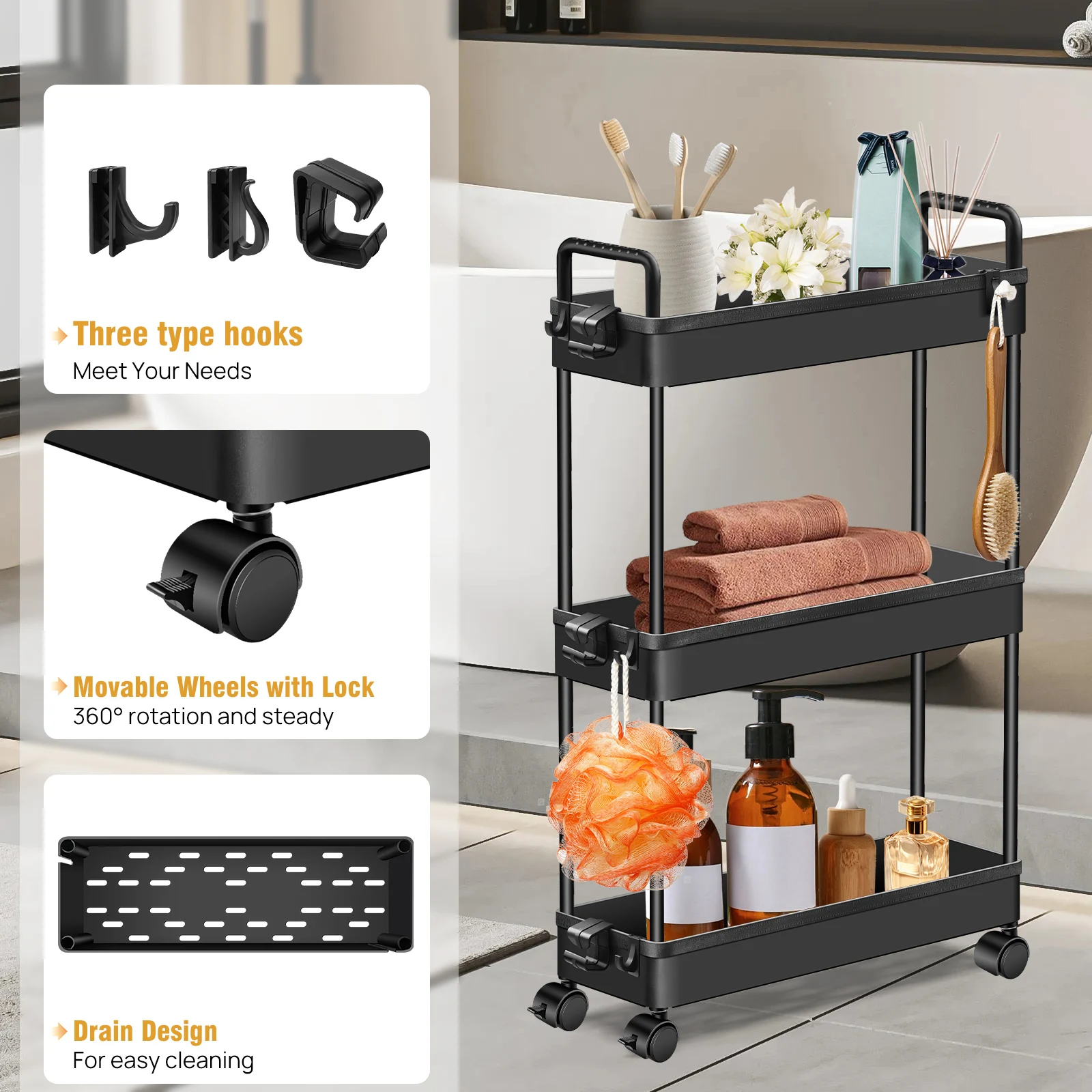 DayPlus 3-Tier Storage Trolley Cart Slide-out Slim Rolling Utility Cart Mobile Storage Shelving Organizer for Kitchen, Bathroom: 3 - 5 Days Free Delivery Only UK