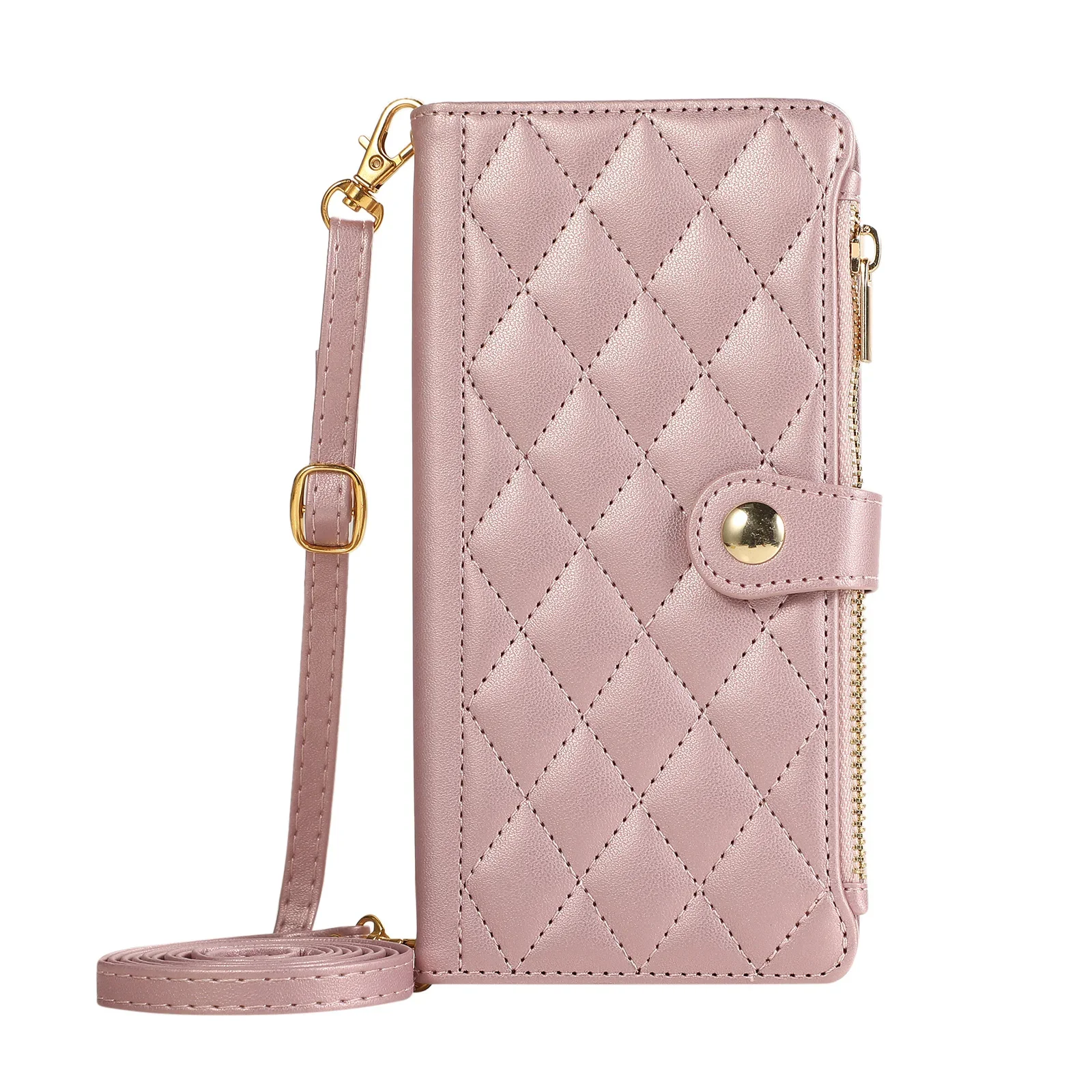 Elegant Crossbody Leather Wallet Case with Zipper and Lanyard - Diamond Design Cover