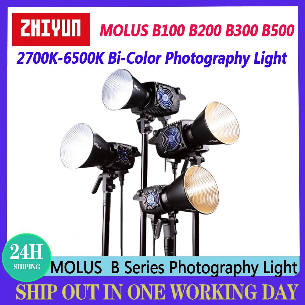 ZHIYUN MOLUS B100 B200 B300 B500 사진 조명, 이중 색상 2700K-6500K, 앱 블루투스 제어 COB 비디오 조명