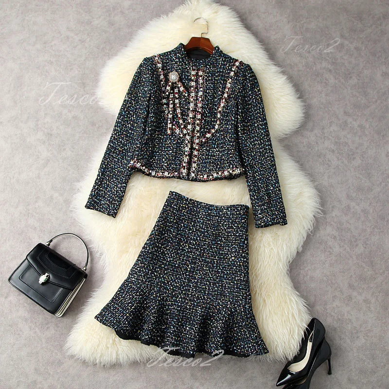 Tesco Women Tweed Skirt Sets Short Beading Blazer+High Waist Trumpet Skirt For Fall Winter Office Lady Sequins Female Coat Set