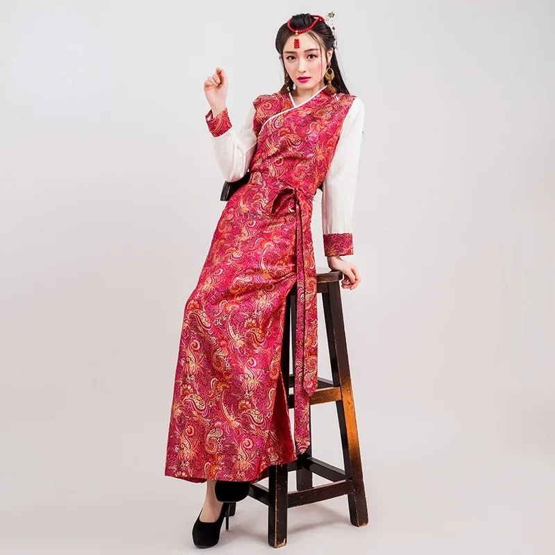 Tibetan Dress Blue Red Long Dress Women Oriental Qipao Lhasa Bora Clothing Satin Robes Cheongsams National Style Chinese Skirt