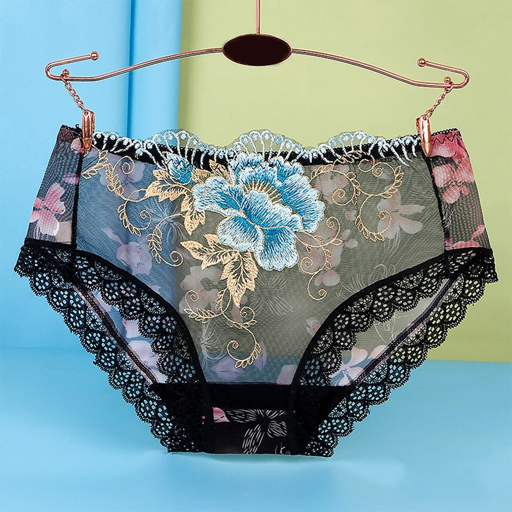 

Women Sexy Plus Size Lace Flower Embroidery Briefs Seamless See Through Skin-Friendly Comfortable Panties Exquisite Underwear