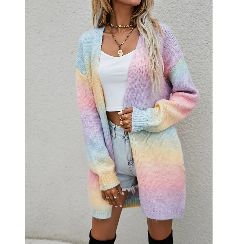

Корейский модный кардиган, женский разноцветный Радужный свитер, Свободное длинное пальто с градиентом, трикотажная одежда, осенне-зимняя одежда, женские свитеры