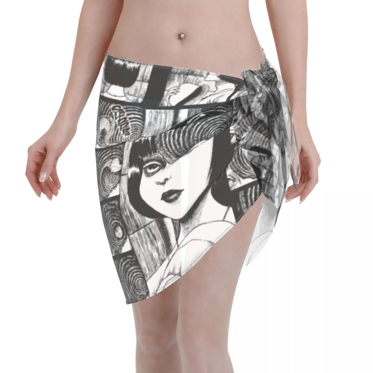 

Uzumaki Junji Ito Horror Manga Swimwear Pareo Scarf Cover Ups Women Polyester Beach Short Skirts Beach Bikini Wrap