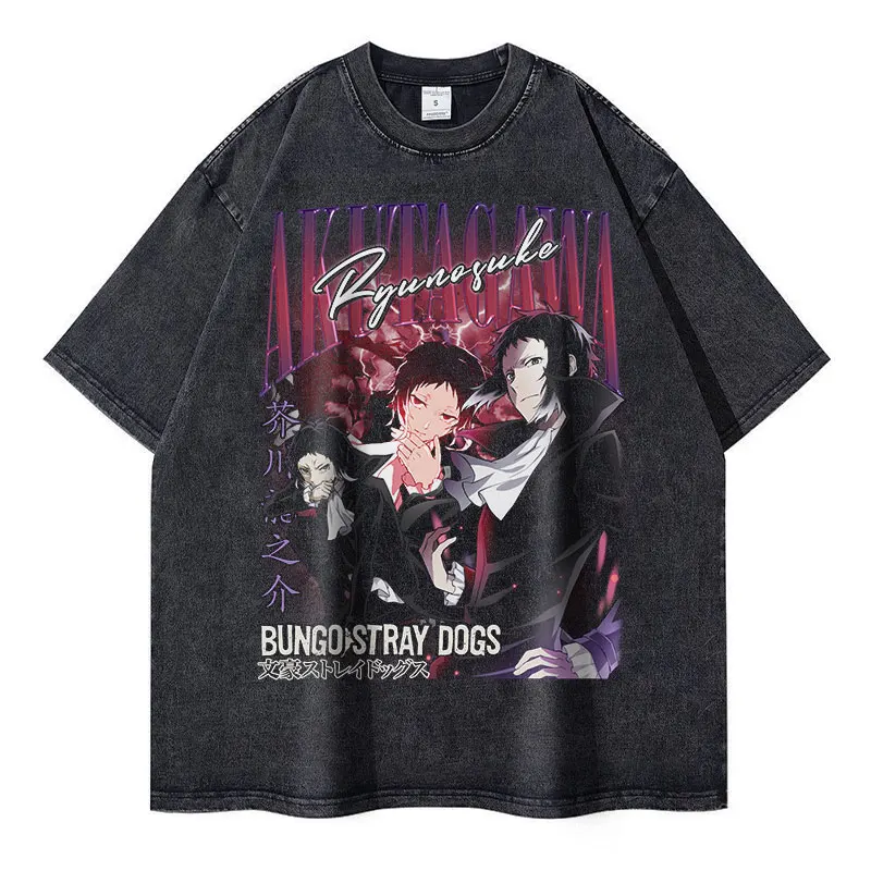 Nakahara Chuuya T-shirt Vintage Washed Anime Bungo Stray Dogs T Shirts Oversized Streetwear Dazai Osamu Atsushi Tops Tees Men 3