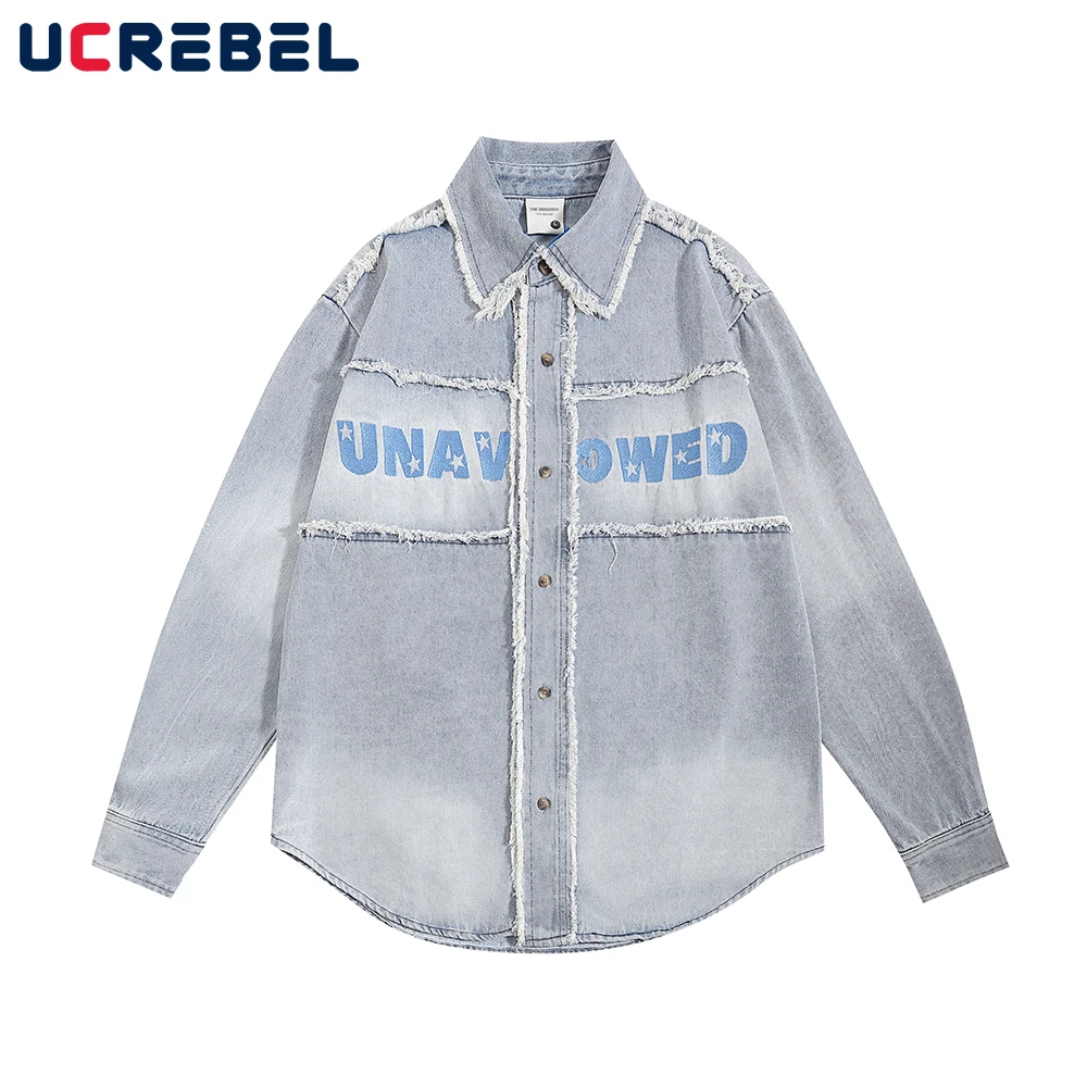 

Letter Embroidery Denim Long Sleeved Shirt Mens Streetwear Loose Raw Edge Washed Distressed Autumn Lapel Outerwear
