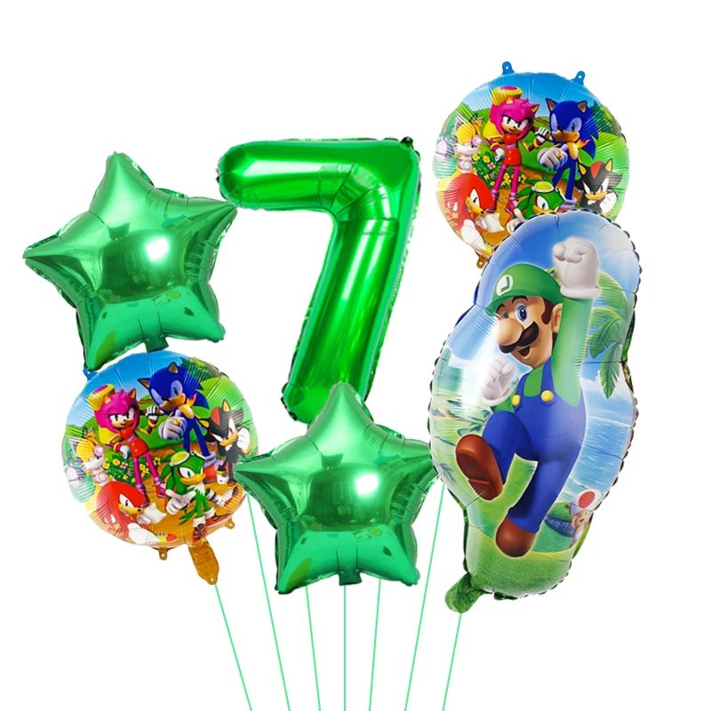 6 piezas de decoración para fiesta de cumpleaños de Super Mario Brothers, muñeco de juego de dibujos animados Sonic Hedgehog, globo, suministros de juguetes para baby shower para niños