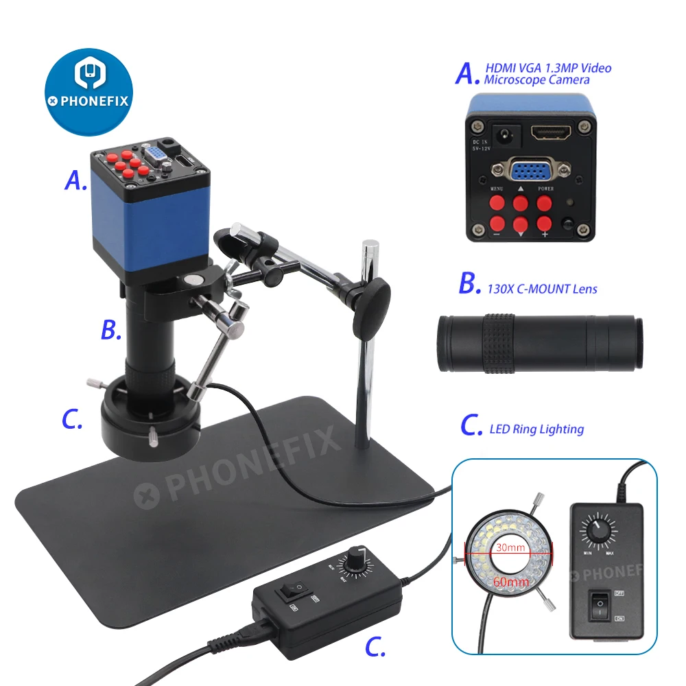 

Industrial Digital Microscope Set with Double Arm 360 Degree Rotating Bracket 13MP HDMI VGA Video Camera + 130X C Mount Lens