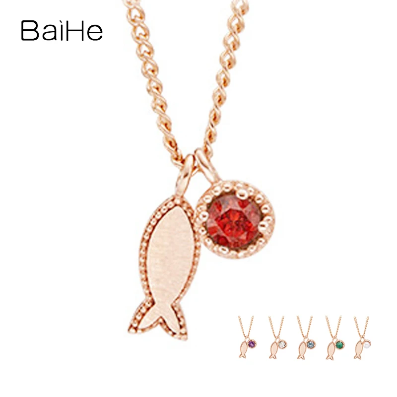 

BaiHe 14k Yellow Ruby/Amethyst/Diamond/Aquamarine/Emerald/Pearl Mini Fish Birth Stone Pendant Necklace Women Trendy Fine Jewelry