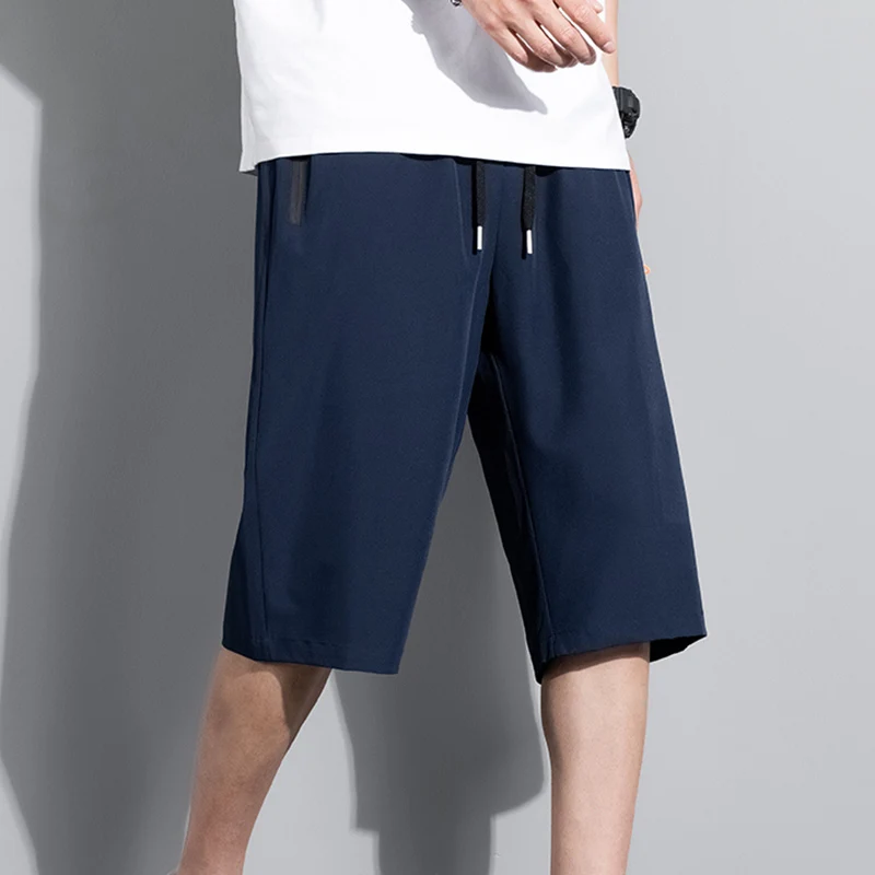 Summer Bottoms Ice Silk Pants Men Breathable Lightweight Calf-Length Short Sweatpants 3/4 Straight Loose Casual Cropped Trousers 2