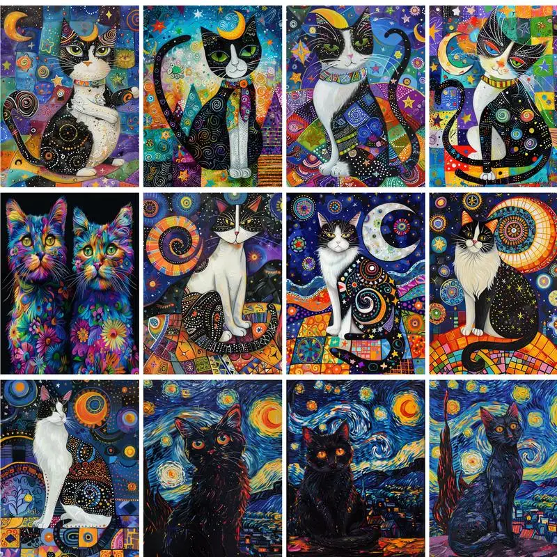GATYZTORY DIY Painting By Numbers Starry Sky Cat Picture By Numbers Landscape Wall Art Acrylic Paint For Home Decor Art