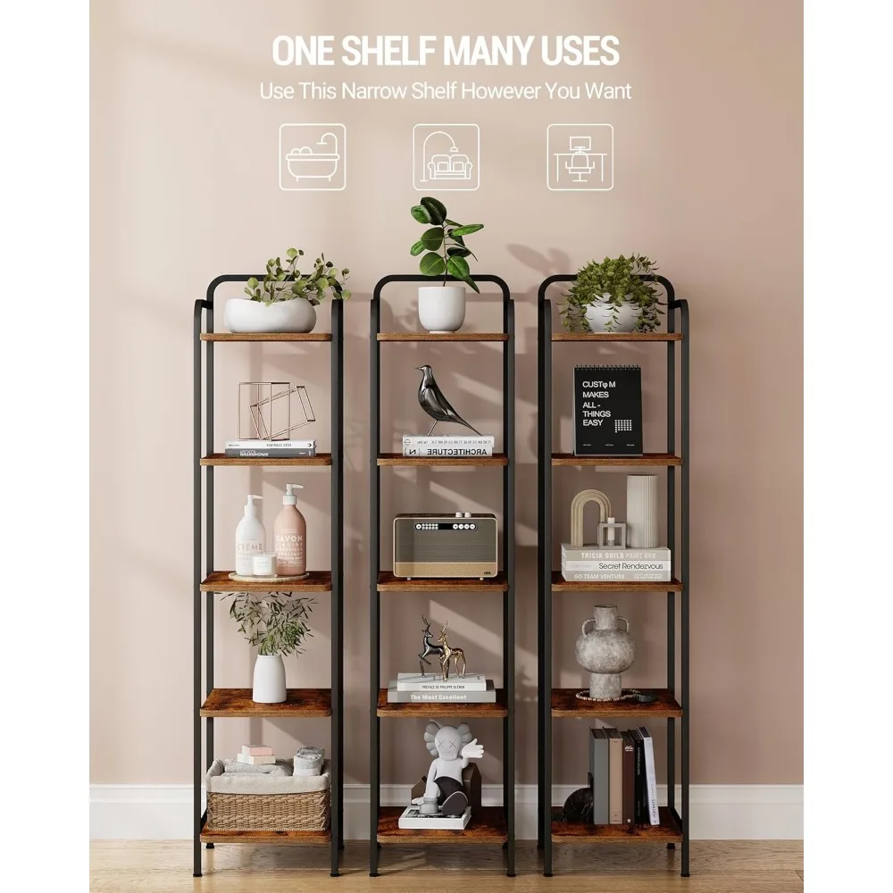 Narrow Book Shelf, Industrial Corner Shelf Storage Organizer, Slim Shelving Unit for Home Office, Living Room5-Tier, Bookcases 4