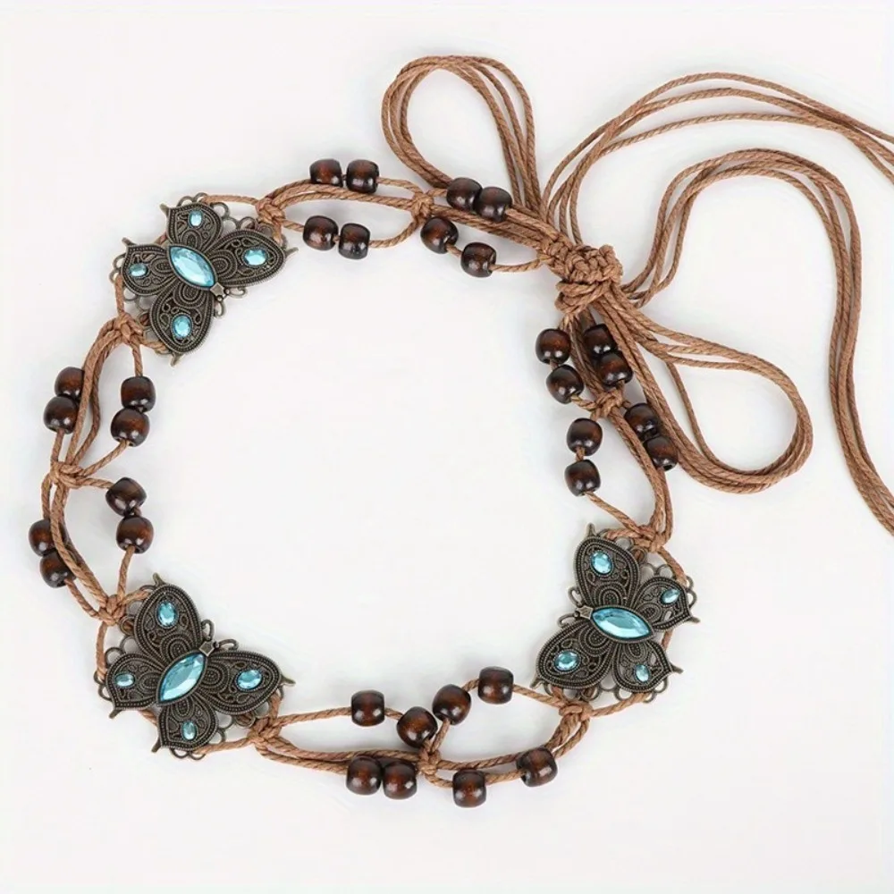

Rope Boho Butterfly Tie Belt New Bohemia Metal Wooden Beads Woven Belt Beaded Belt Skirt