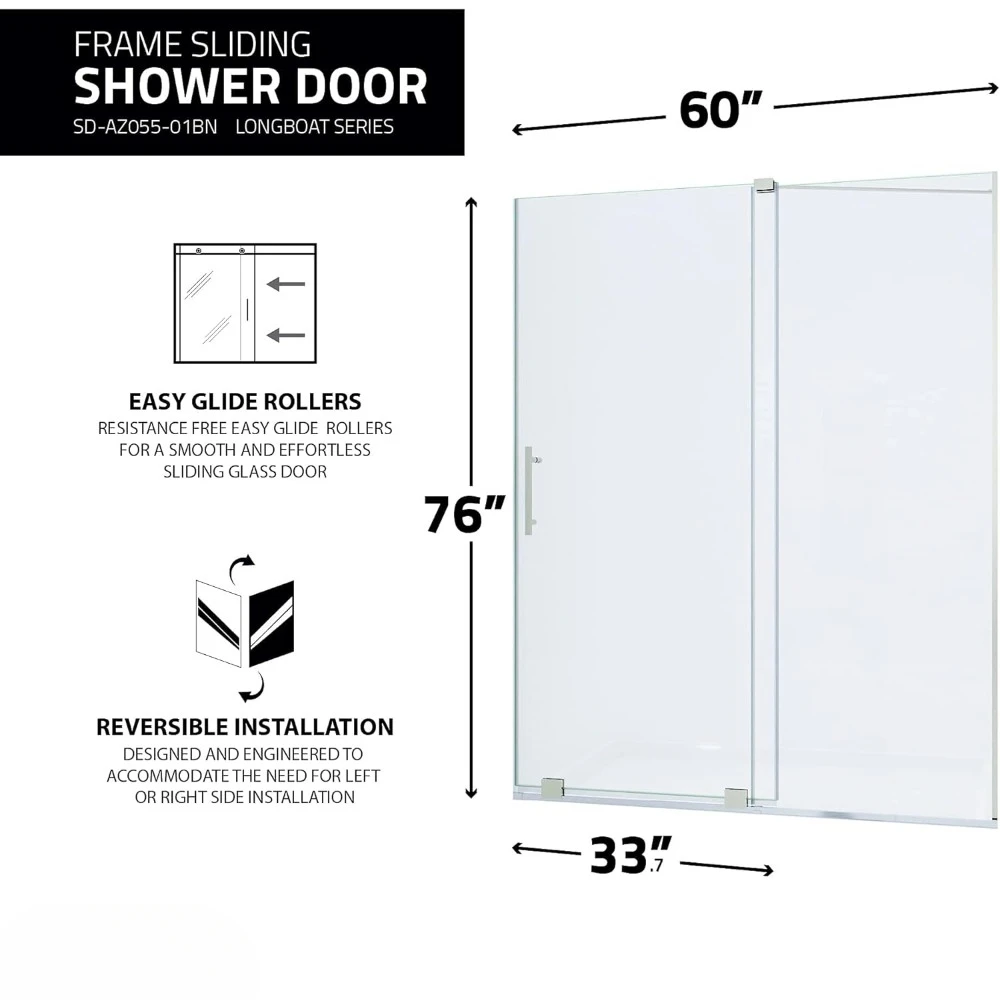 76 x 60 inch Semi-Frameless Shower Door in Brushed Nickel, Longboat Water Repellent Glass Shower Door with Seal Strip Parts 3
