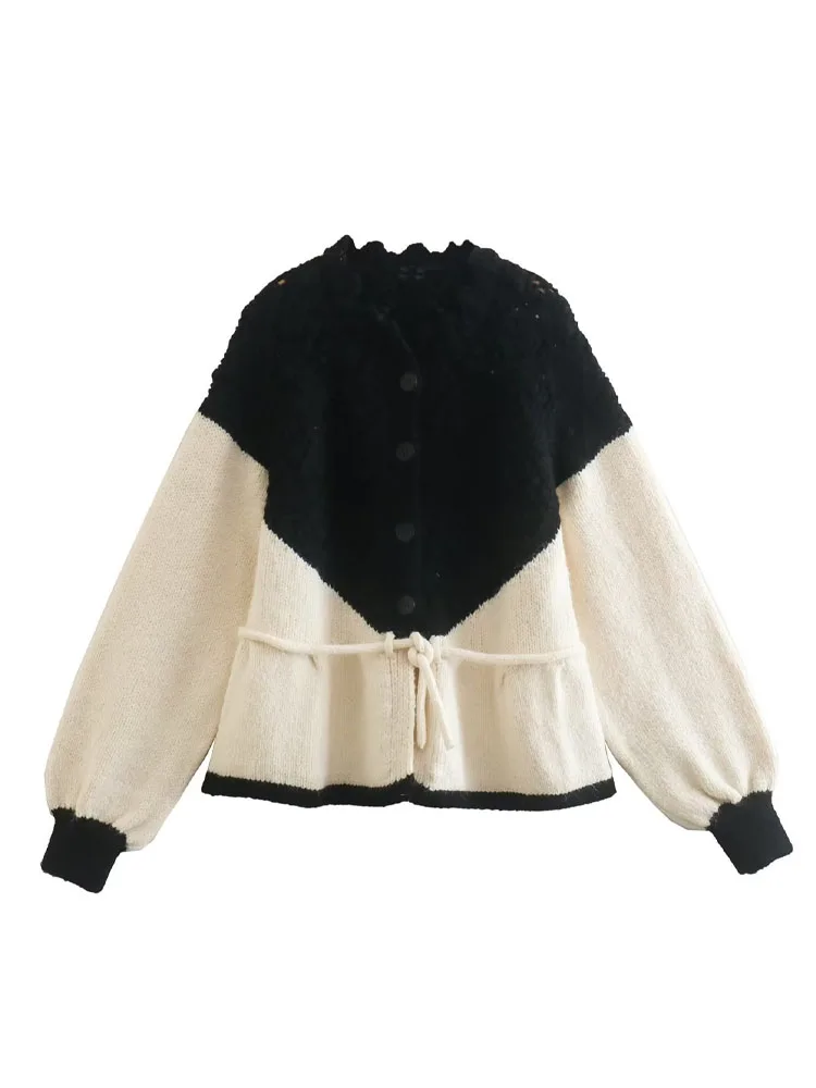 

2023 New Women Leisure Sweater Spliced Pullover Wool Hollow Out Jacquard Long Sleeve Tops Causal Sweater Chic Tops