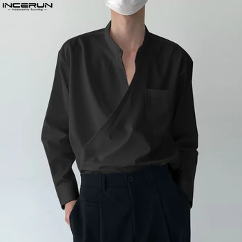 INCERUN 남성용 스탠드 칼라 대각선 단추 디자인 셔츠, 캐주얼 스트리트 솔리드 긴팔 블라우스 S-5XL, 한국 스타일 상의, 2023 신상