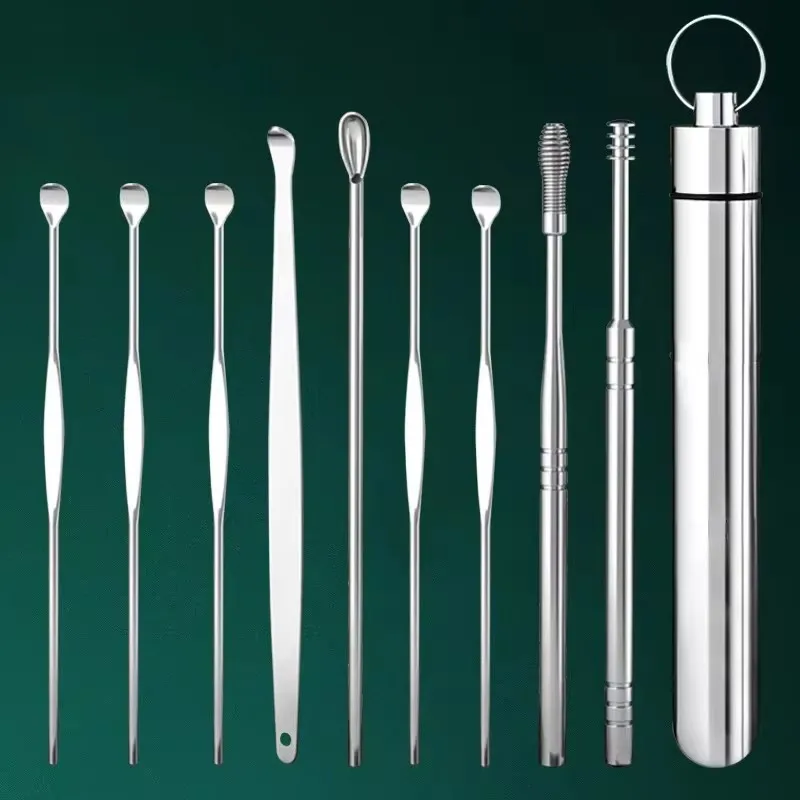 A 9 or 10-piece ear cleaning tool set with stainless steel earpicks and curettes, designed for easy carry.